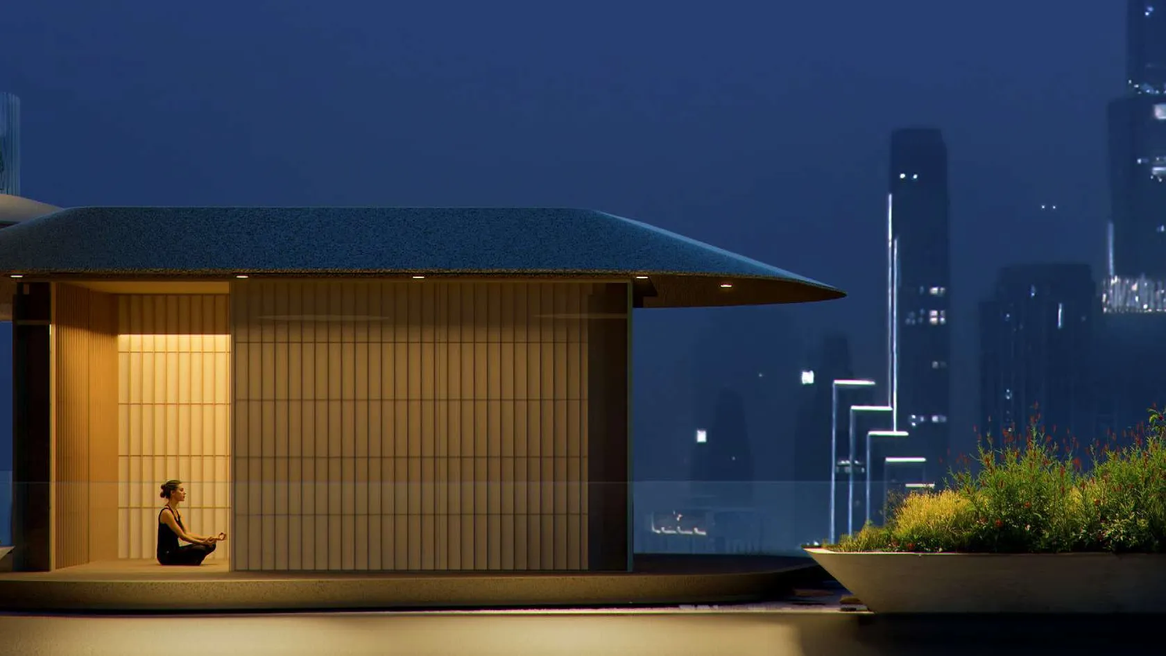 Lantern-lit terrace pavilion at dusk with the Dubai skyline behind